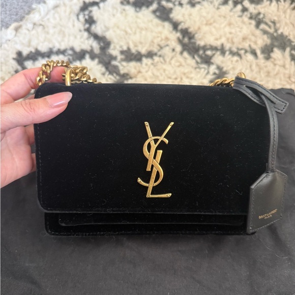 Yves Saint Laurent Black Velvet Crossbody Bag with Gold Accents - Picture 10 of 10